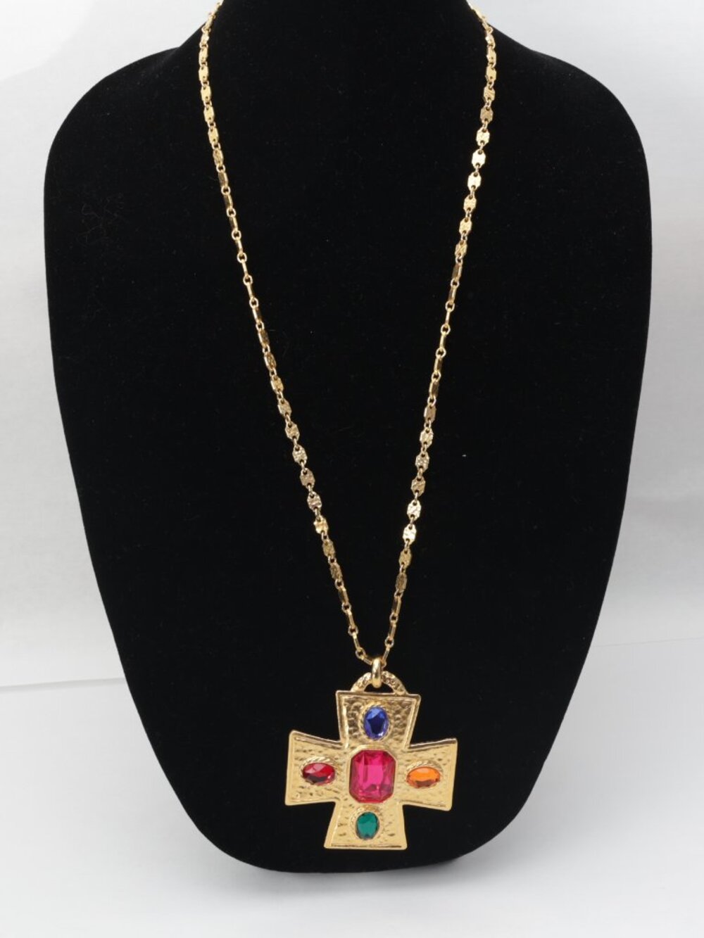 Vintage  Runway 80s Cross Faux Multi Stone Beaded Gold Tone Big Necklace